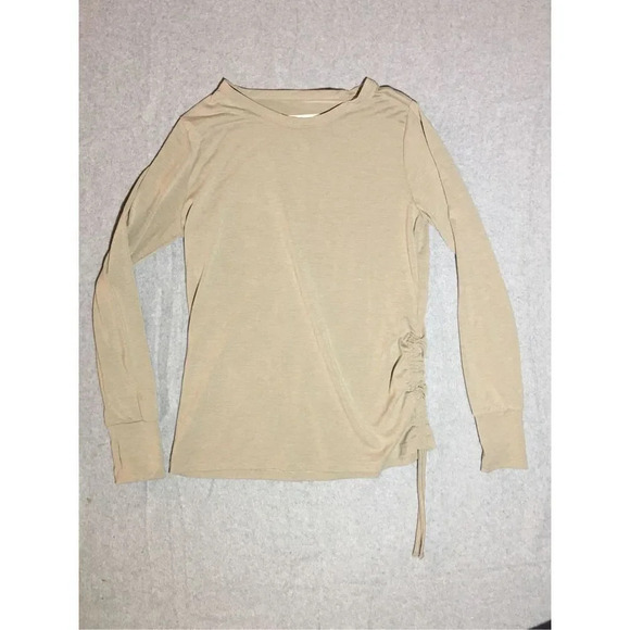 Womens Evy’s Tree Shirt Size Small Beige Tan Tie Up Side Sweater Thumb Holes - Picture 1 of 4